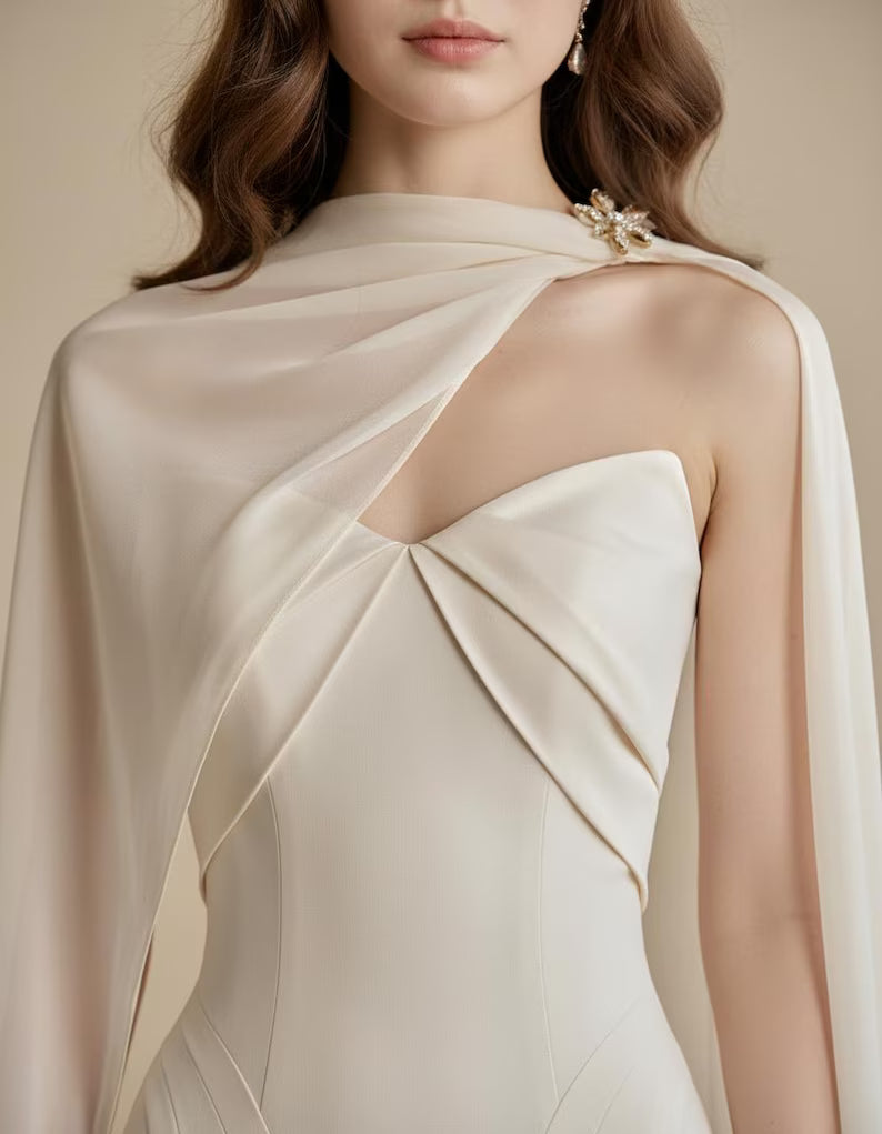 Luxury Silk Dress with Elegant Chiffon Cape | Wedding Guest Dress Elegant Gown | High Neck Bridesmaid Dress | Prom Dress | Silk Satin Dress