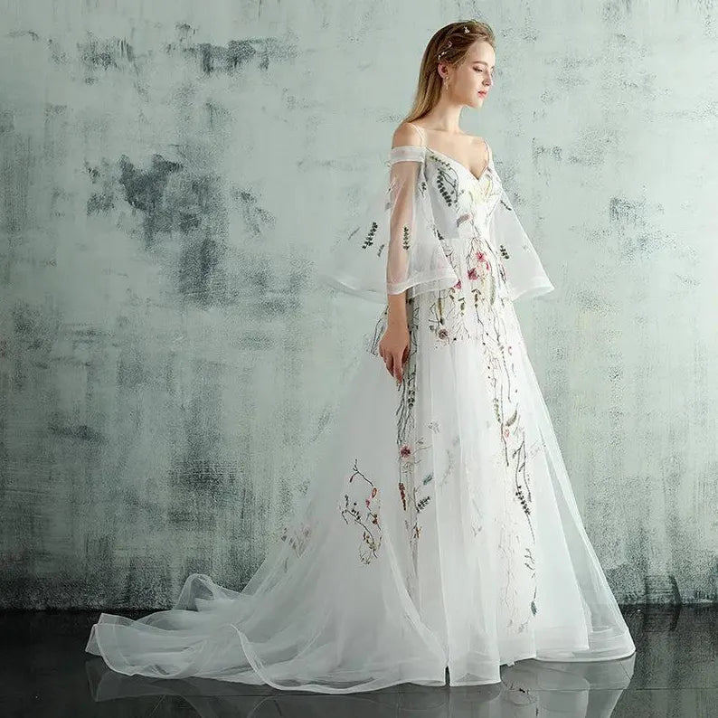 Colorful Floral Lace Wedding Dress,Custom Fairy Tale Evening Dress, Garden Party or Prom Dress. Custom wedding dress.