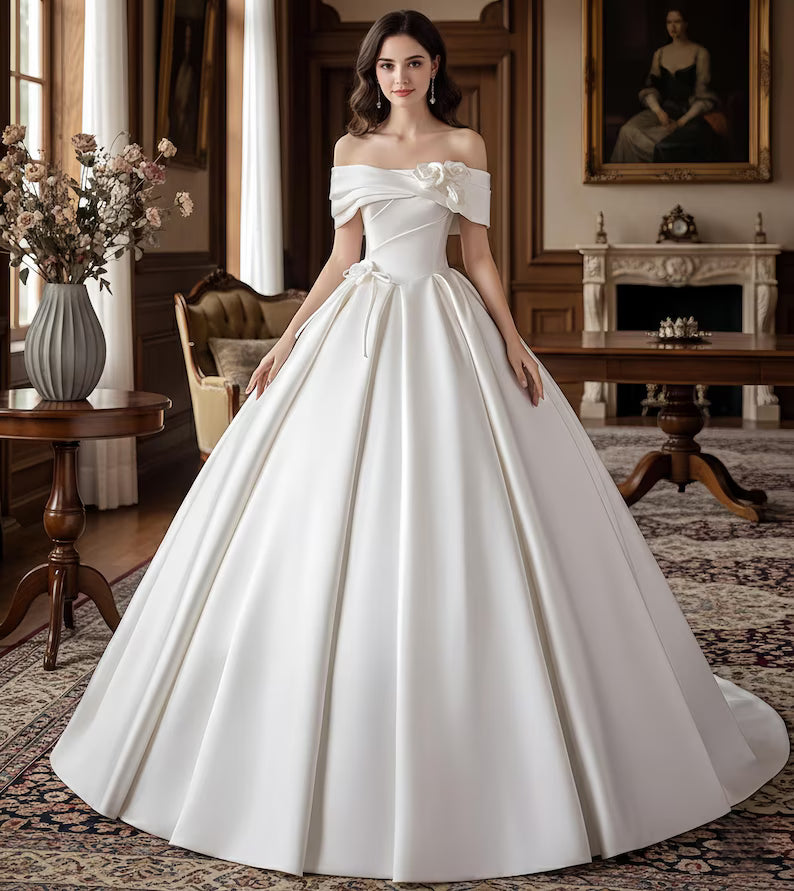 Elegant White Stain Off Shouder Wedding Prom Dress,White Flower Dress,Satin Ball Gown Puff, a Line Formal Dress,Birthday Gown,Gift for Bride