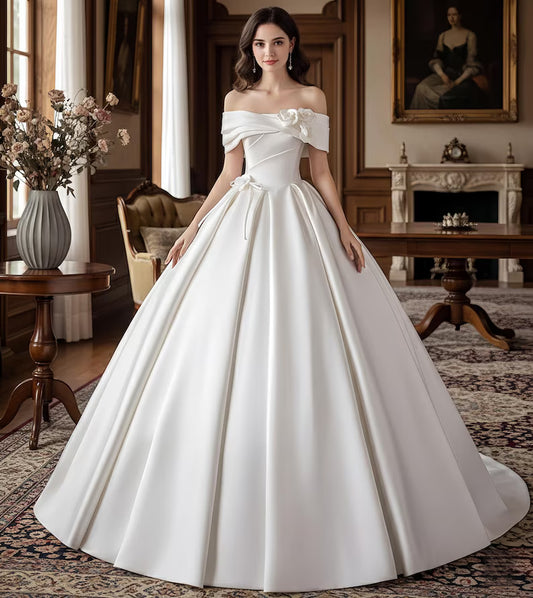 Elegant White Stain Off Shouder Wedding Prom Dress,White Flower Dress,Satin Ball Gown Puff, a Line Formal Dress,Birthday Gown,Gift for Bride