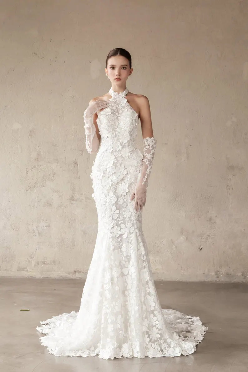 Halter 3D Floral Mermaid Lace Wedding Dress – Embroidered Mermaid Bridal Gown with Open Back
