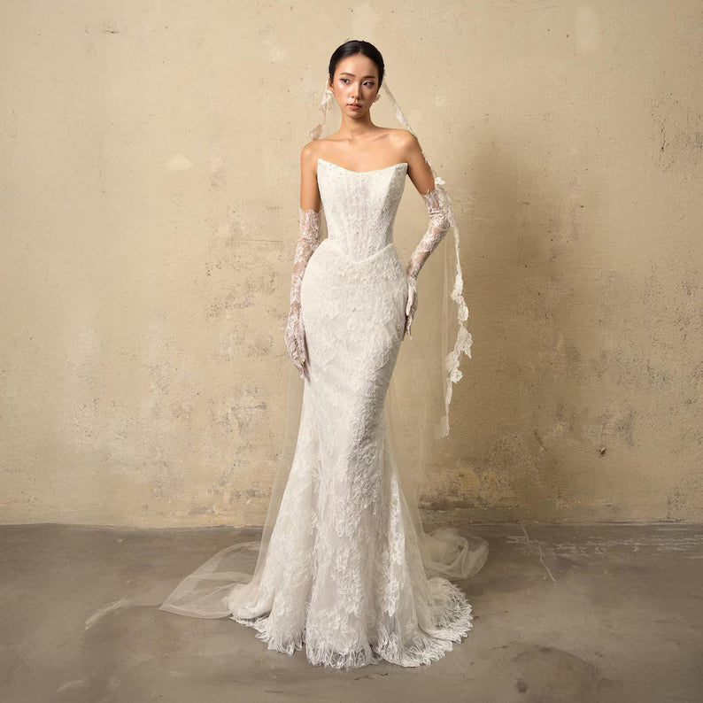 Lace Mermaid Wedding Dress, Elegant Strapless Bridal Gown, Fitted Lace Bridal Dress with Train, Modern Mermaid Wedding Gown, Custom Made