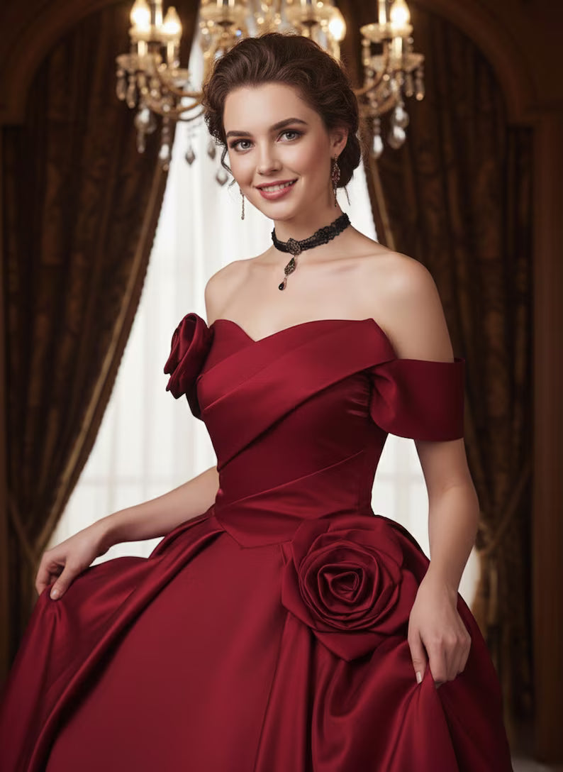 Luxury Red Stain Prom Dress for Wedding,Gift for Bride,Bridesmaid Dress,Red Rose Off-shouder Ball Gown,Formal Long Dress,Bridal Shower Dress