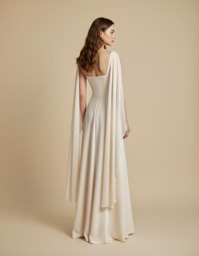 Luxury Silk Dress with Elegant Chiffon Cape | Wedding Guest Dress Elegant Gown | High Neck Bridesmaid Dress | Prom Dress | Silk Satin Dress