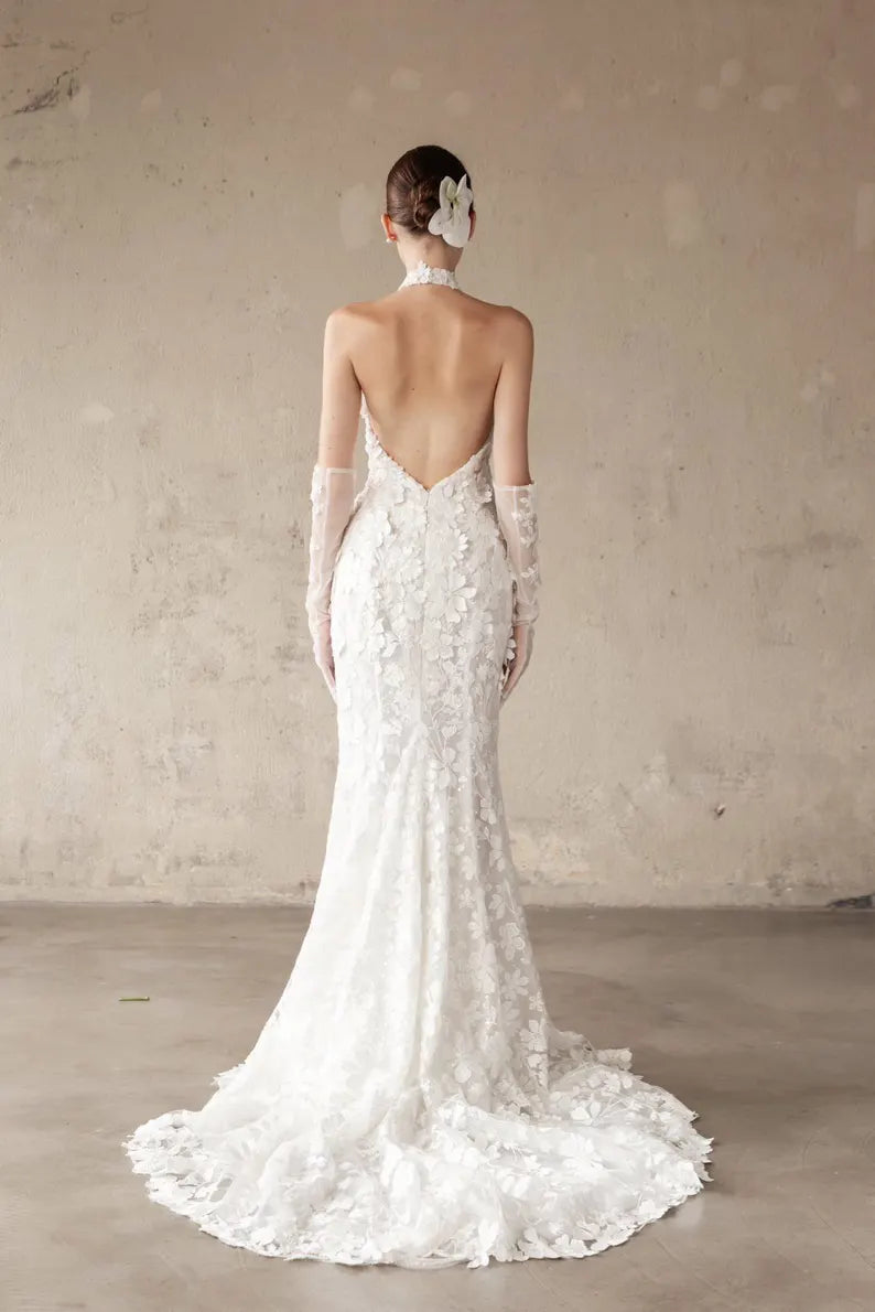 Halter 3D Floral Mermaid Lace Wedding Dress – Embroidered Mermaid Bridal Gown with Open Back