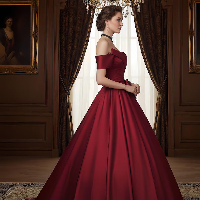 Luxury Red Stain Prom Dress for Wedding,Gift for Bride,Bridesmaid Dress,Red Rose Off-shouder Ball Gown,Formal Long Dress,Bridal Shower Dress