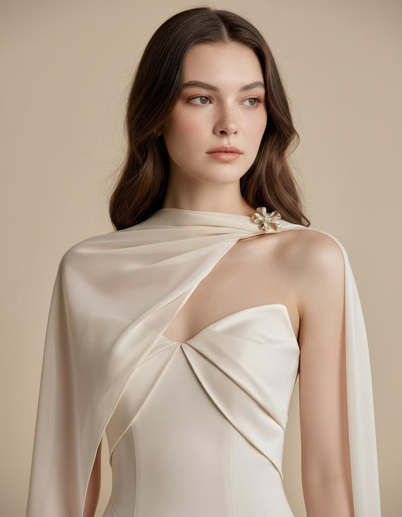 Luxury Silk Dress with Elegant Chiffon Cape | Wedding Guest Dress Elegant Gown | High Neck Bridesmaid Dress | Prom Dress | Silk Satin Dress