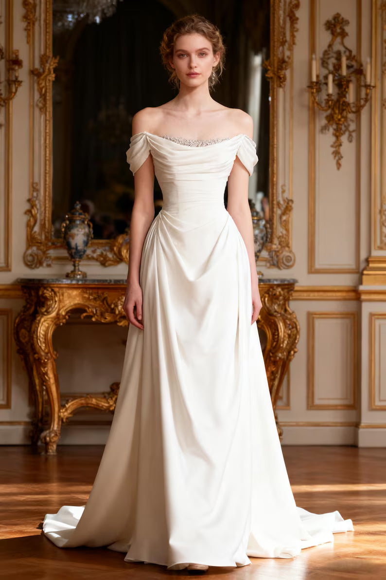 Wedding Dress Off Shoulder Satin A Line | Bridal Gown with Draped Detailing Choker Style