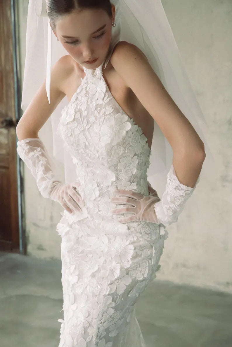 Halter 3D Floral Mermaid Lace Wedding Dress – Embroidered Mermaid Bridal Gown with Open Back