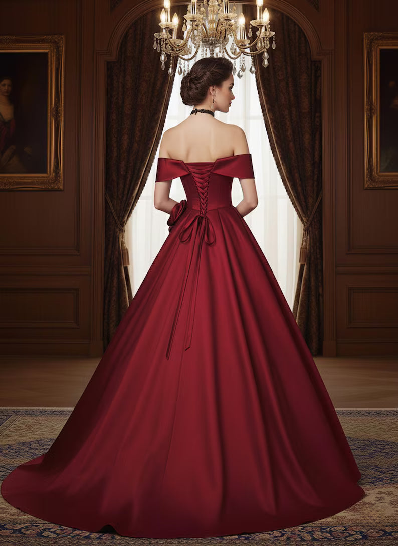 Luxury Red Stain Prom Dress for Wedding,Gift for Bride,Bridesmaid Dress,Red Rose Off-shouder Ball Gown,Formal Long Dress,Bridal Shower Dress