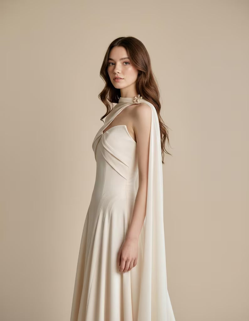 Luxury Silk Dress with Elegant Chiffon Cape | Wedding Guest Dress Elegant Gown | High Neck Bridesmaid Dress | Prom Dress | Silk Satin Dress