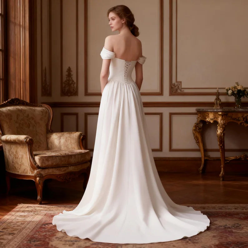 Wedding Dress Off Shoulder Satin A Line | Bridal Gown with Draped Detailing Choker Style