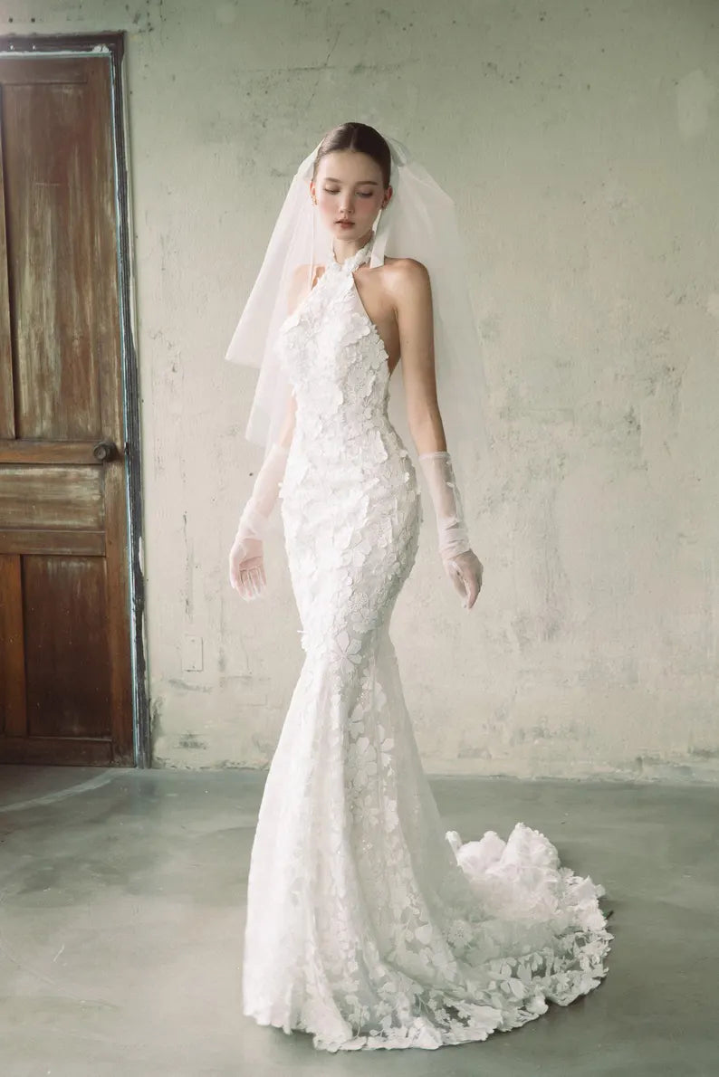 Halter 3D Floral Mermaid Lace Wedding Dress – Embroidered Mermaid Bridal Gown with Open Back