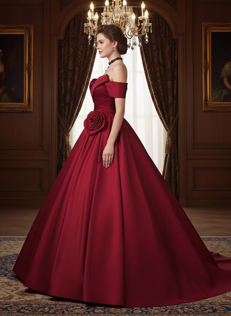 Luxury Red Stain Prom Dress for Wedding,Gift for Bride,Bridesmaid Dress,Red Rose Off-shouder Ball Gown,Formal Long Dress,Bridal Shower Dress