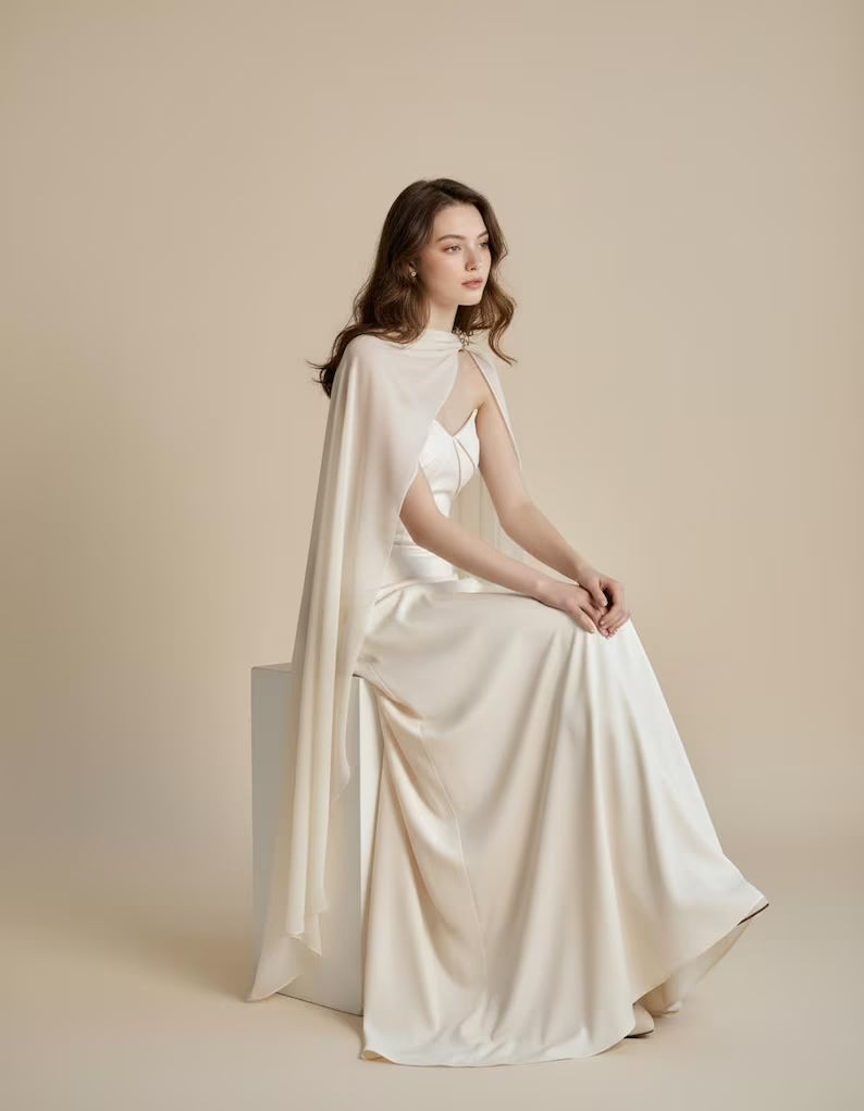 Luxury Silk Dress with Elegant Chiffon Cape | Wedding Guest Dress Elegant Gown | High Neck Bridesmaid Dress | Prom Dress | Silk Satin Dress