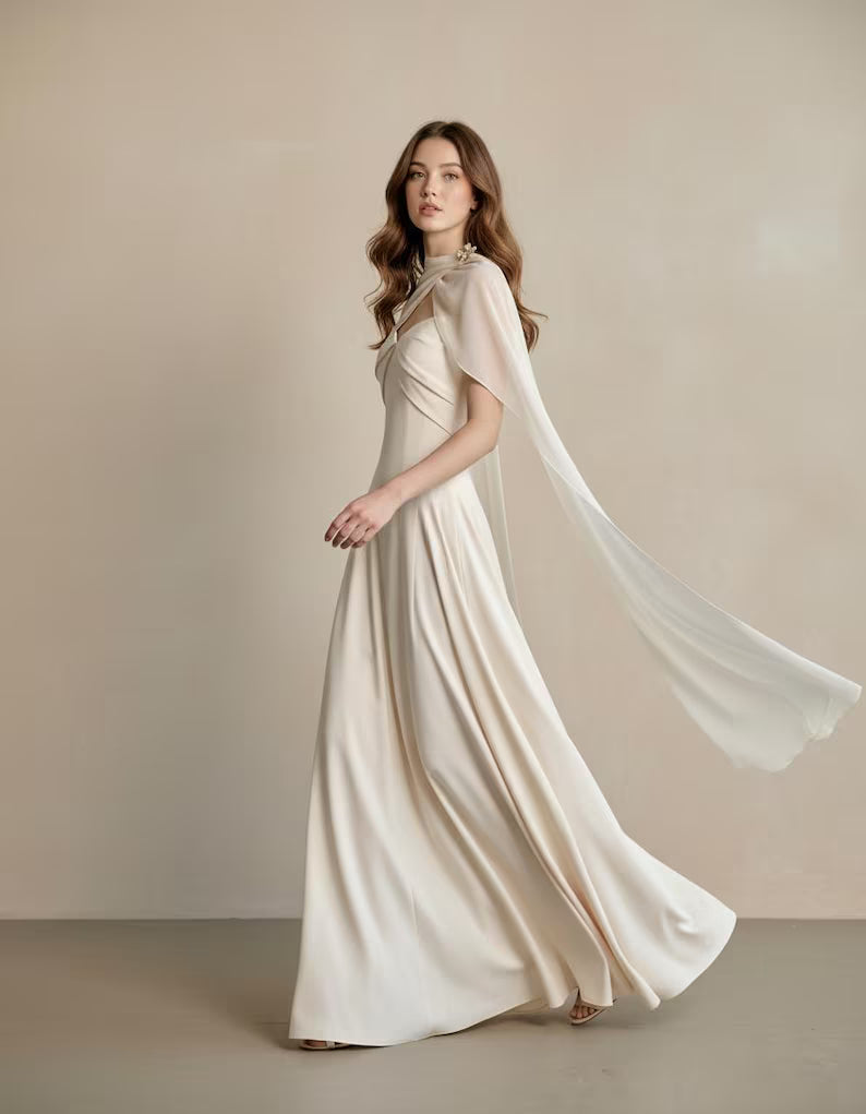 Luxury Silk Dress with Elegant Chiffon Cape | Wedding Guest Dress Elegant Gown | High Neck Bridesmaid Dress | Prom Dress | Silk Satin Dress
