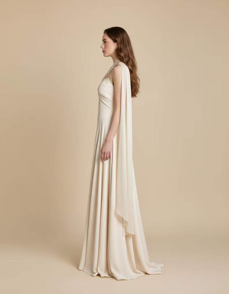 Luxury Silk Dress with Elegant Chiffon Cape | Wedding Guest Dress Elegant Gown | High Neck Bridesmaid Dress | Prom Dress | Silk Satin Dress
