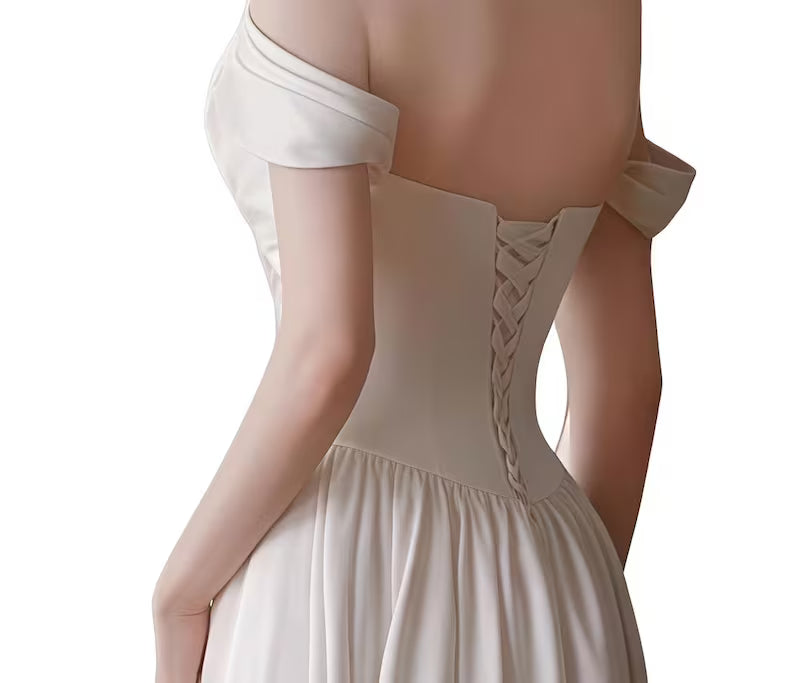 Wedding Dress Off Shoulder Satin A Line | Bridal Gown with Draped Detailing Choker Style