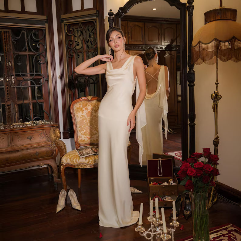 Elegant Silk Maxi Dress, White Silk Dress, Open Back Evening Gown, Pure Silk Wedding Dress, Bridesmaid Dress unique dress for her
