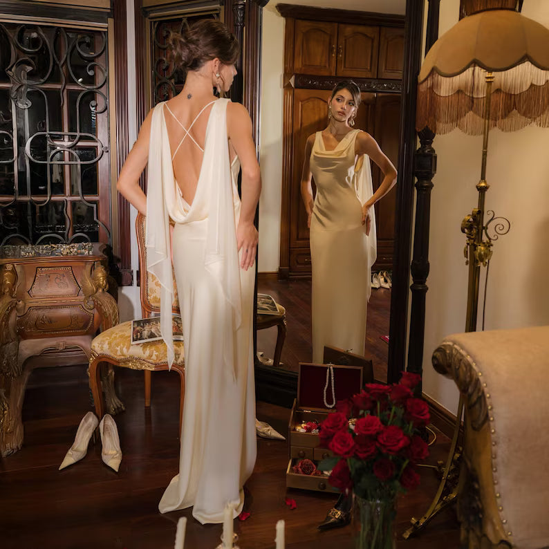 Elegant Silk Maxi Dress, White Silk Dress, Open Back Evening Gown, Pure Silk Wedding Dress, Bridesmaid Dress unique dress for her
