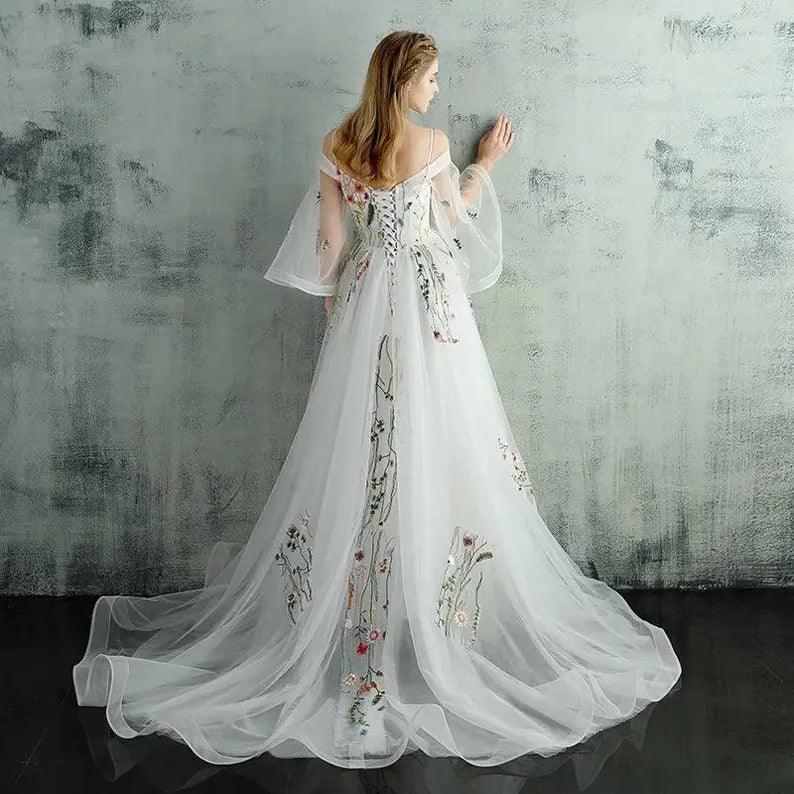Colorful Floral Lace Wedding Dress,Custom Fairy Tale Evening Dress, Garden Party or Prom Dress. Custom wedding dress.