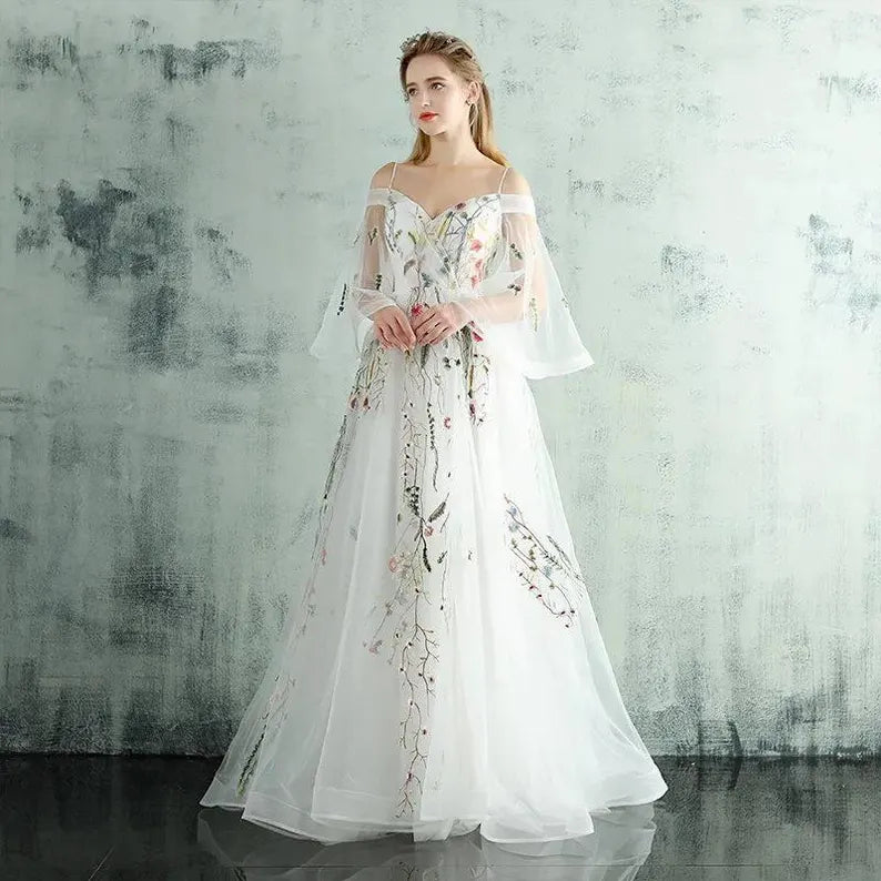 Colorful Floral Lace Wedding Dress,Custom Fairy Tale Evening Dress, Garden Party or Prom Dress. Custom wedding dress.